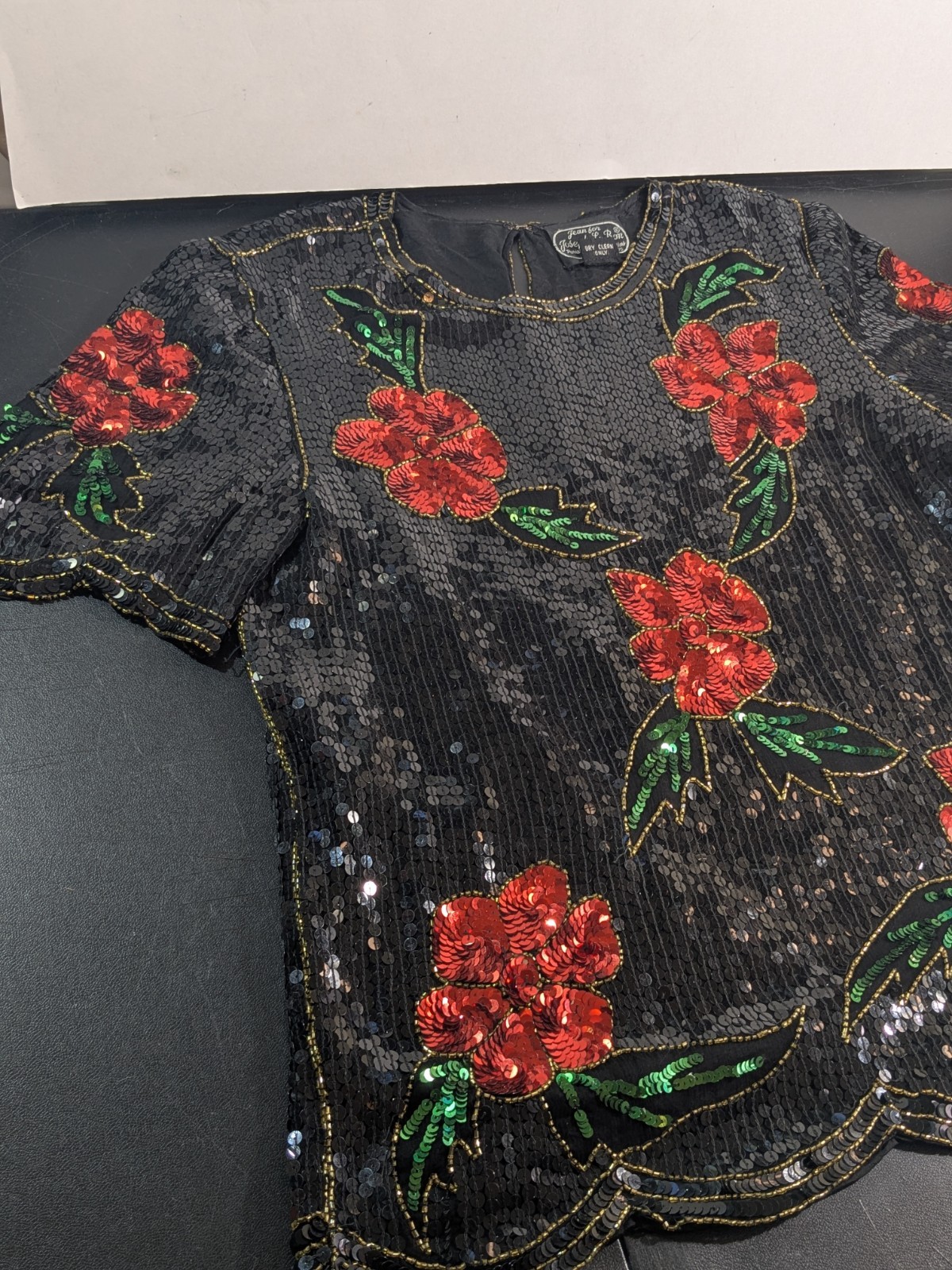 Jean For Joseph Le Bon Vintage Black Sequenced Floral Silk Blouse Top Size M/L