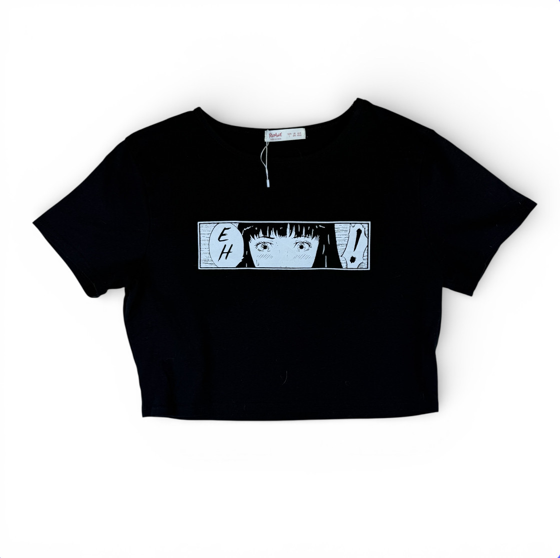 Romwe Black Anime Manga Crop Top Womens Sz L Horror Japanese “EH”