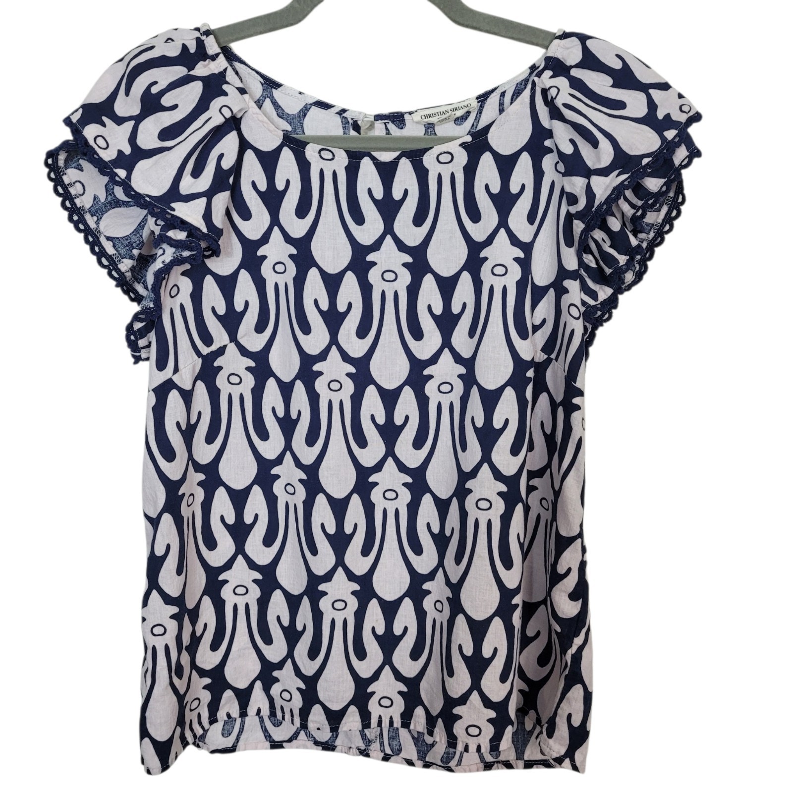 Christian Siriano Blue White Abstract Flutter Sleeve Blouse Linen Blend Sz Med