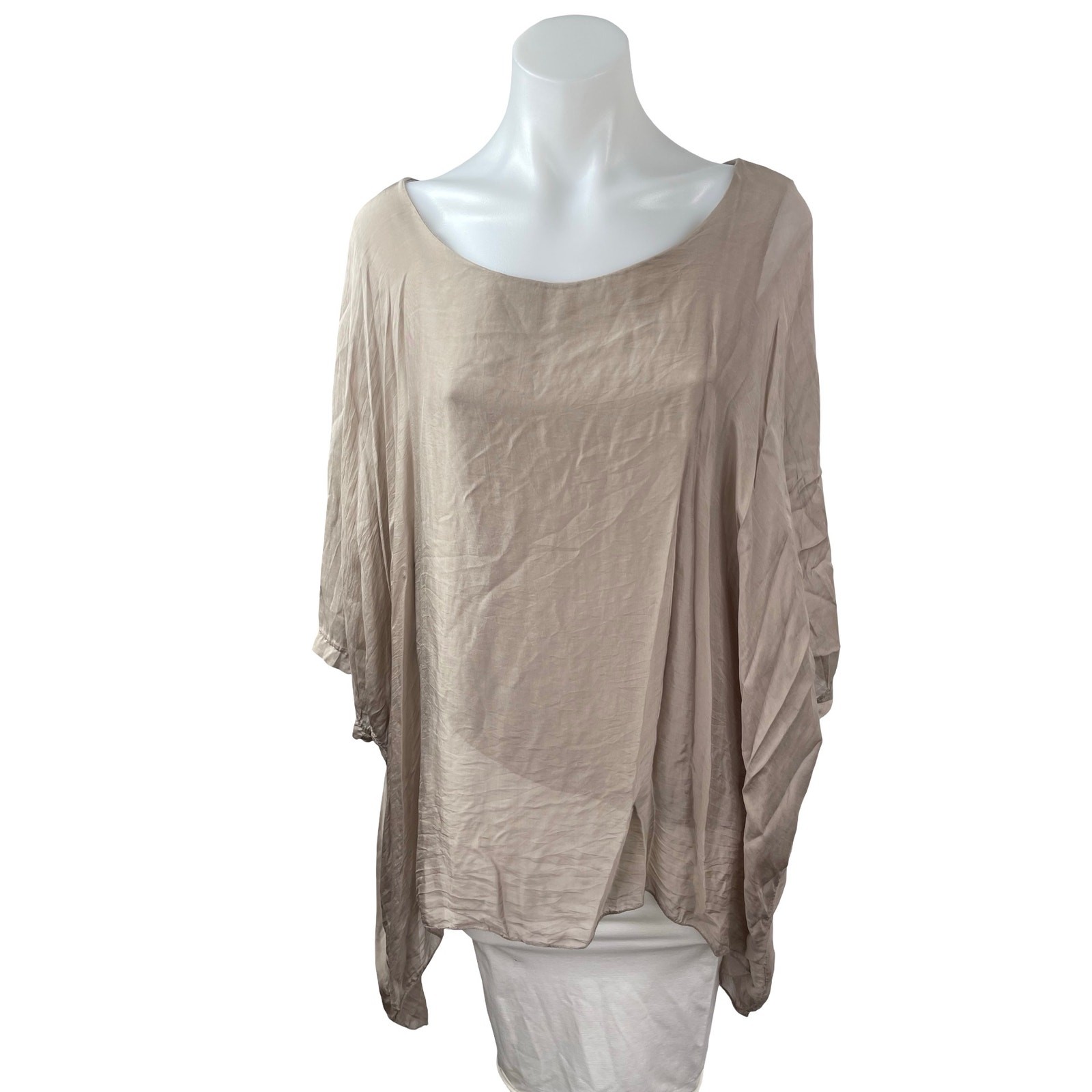 Womens Beige Silk Lagenlook Round Neck Batwing Sleeve Tunic Shirt Blouse Top S/M