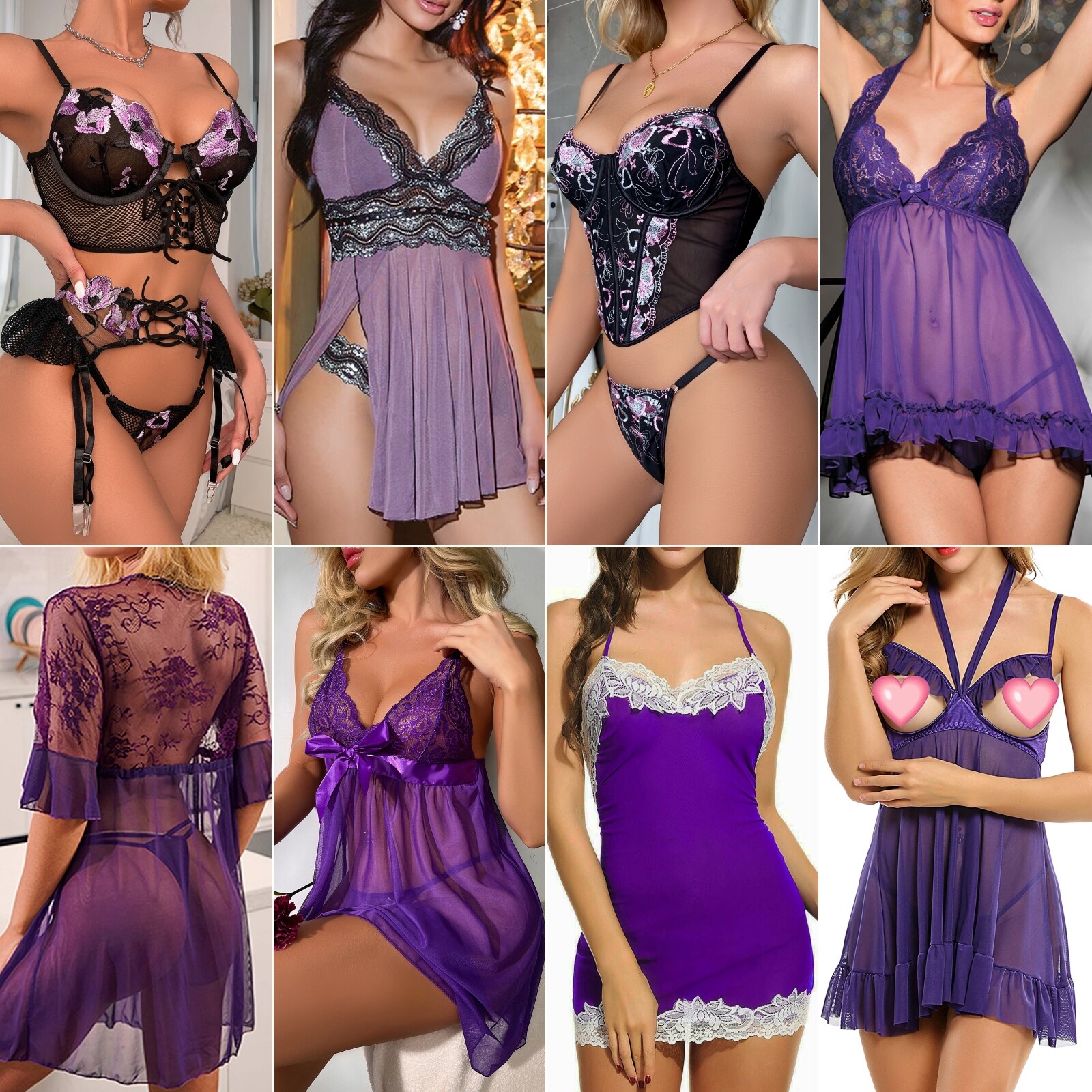 Halloween Purple Roleplay Costumes Sexy Lingerie Set Underwear Babydoll Dress US