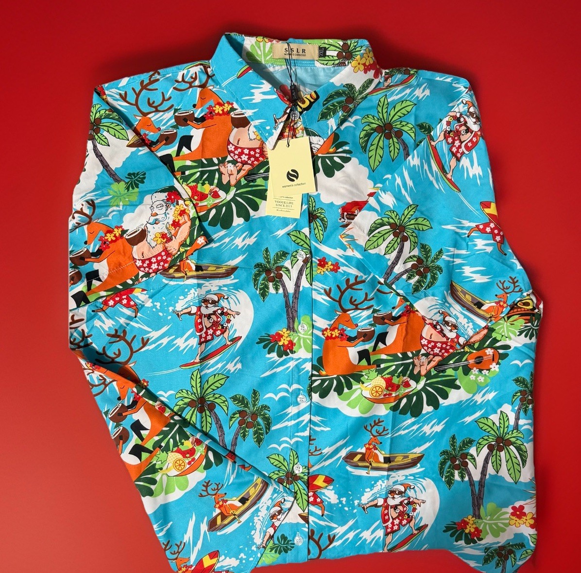 SSLR Women’s Collection Size 2XL~Blue Hawaiian Funny Santa~Button-up Top~NWT