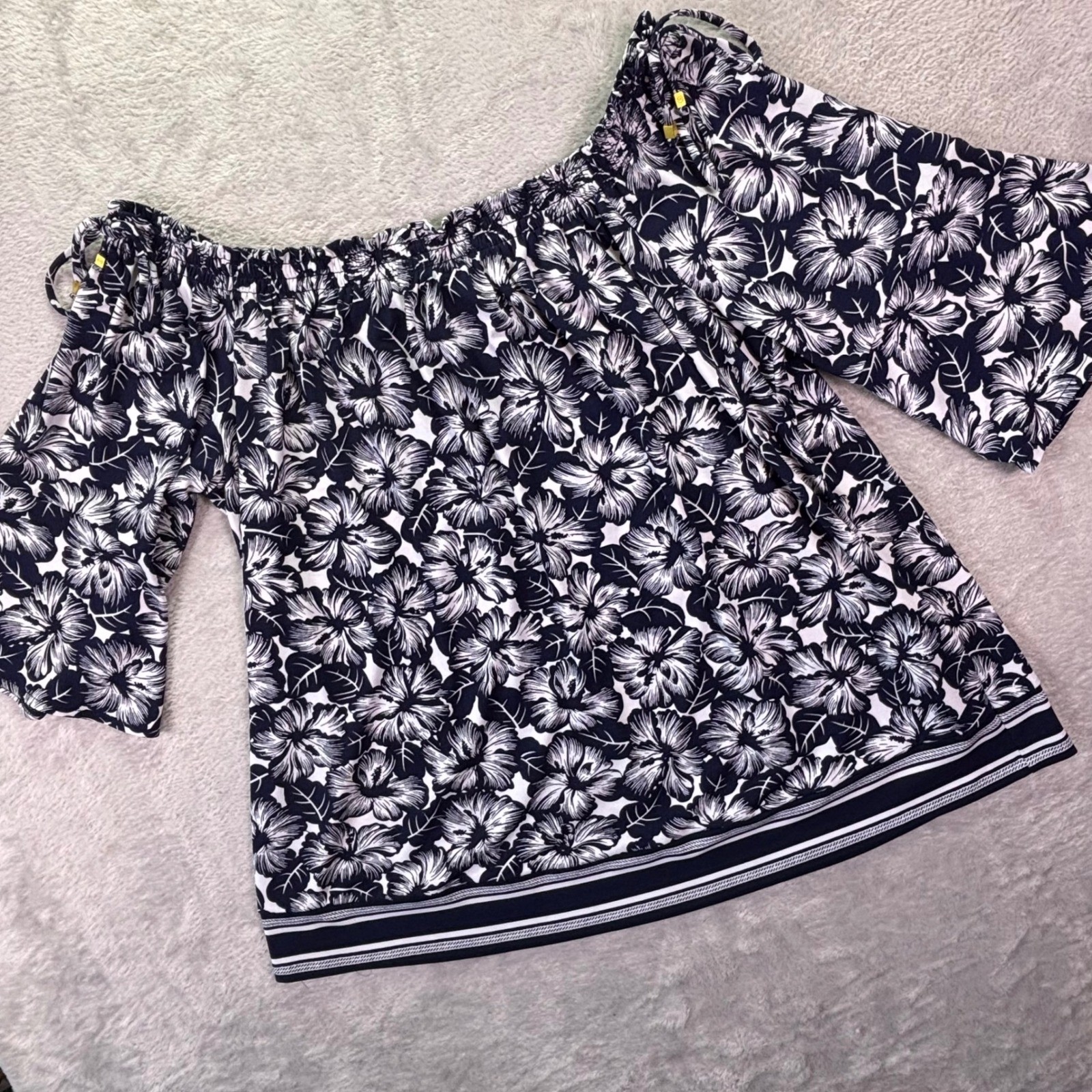 Michael Kors Women Top Sz XL Navy Blue White Floral Off Shoulder Bell Sleeve