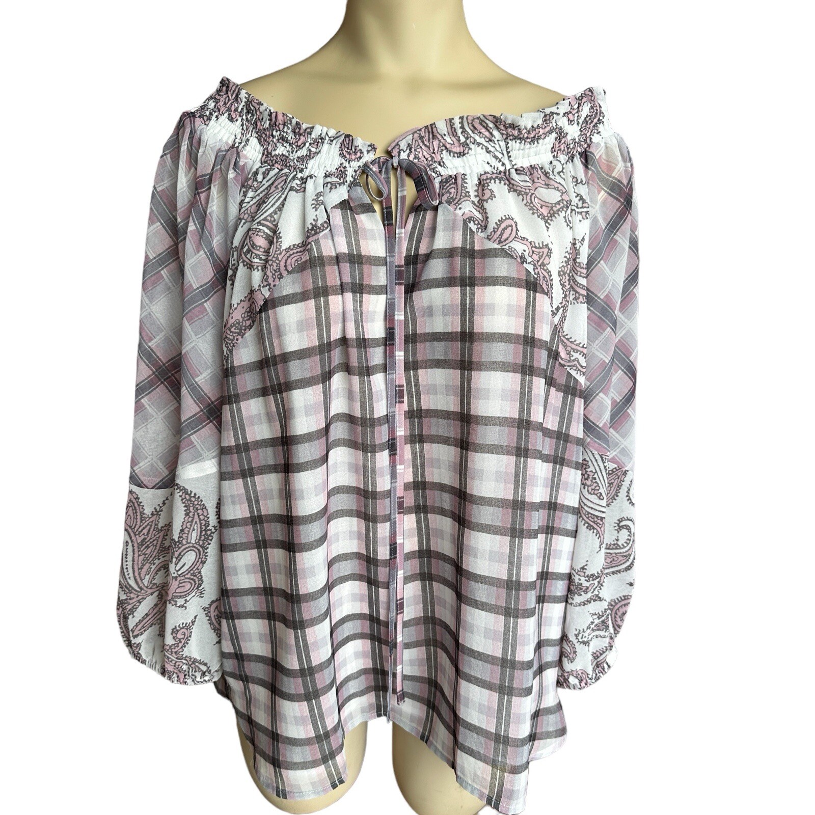 Ann Taylor Loft Blouse Off Shoulder Women’s Small Paisley Plaid Chiffon Top EUC
