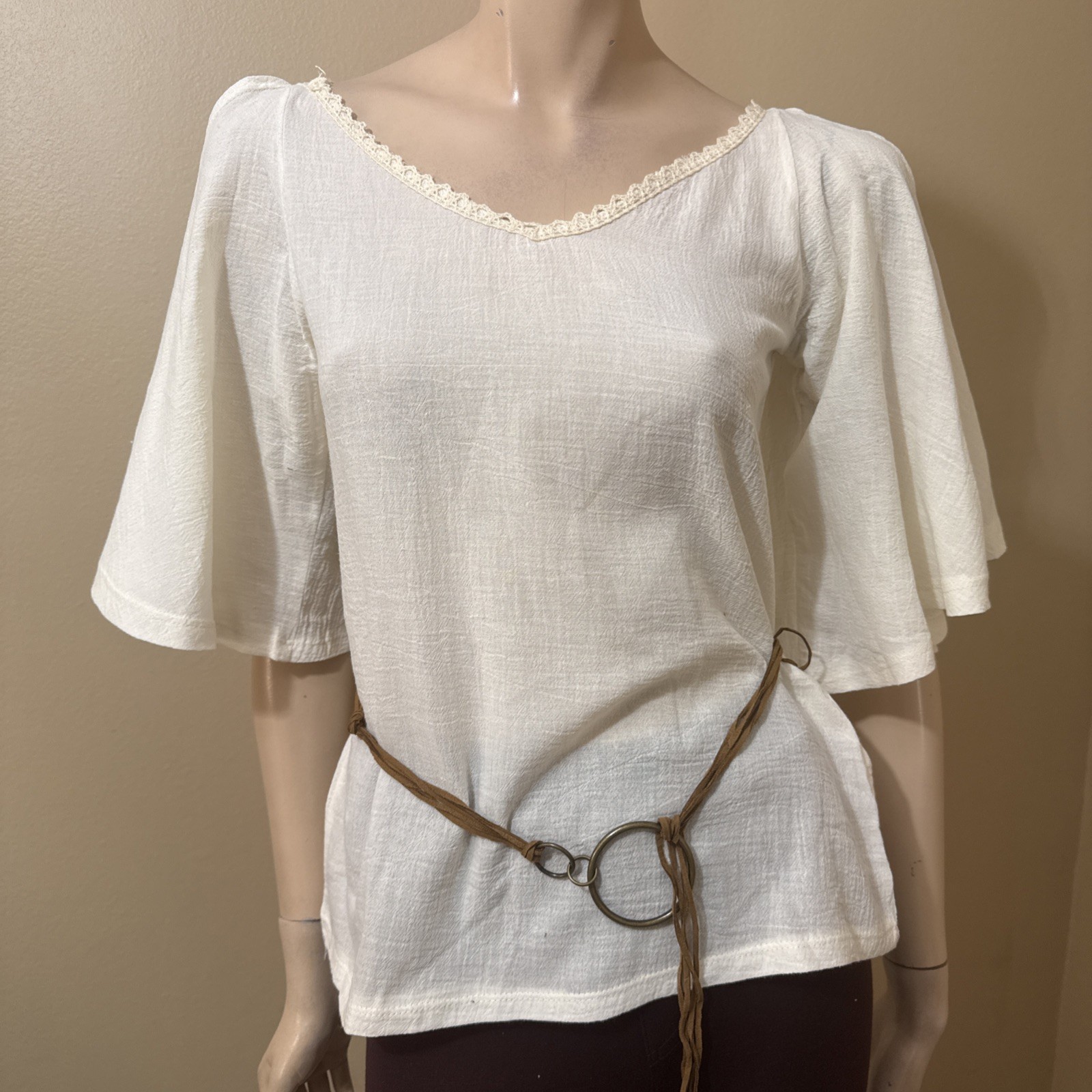 Women’s Ivory Cotton Casual Boho Summer Lace Suede Belted Size S Blouse Top