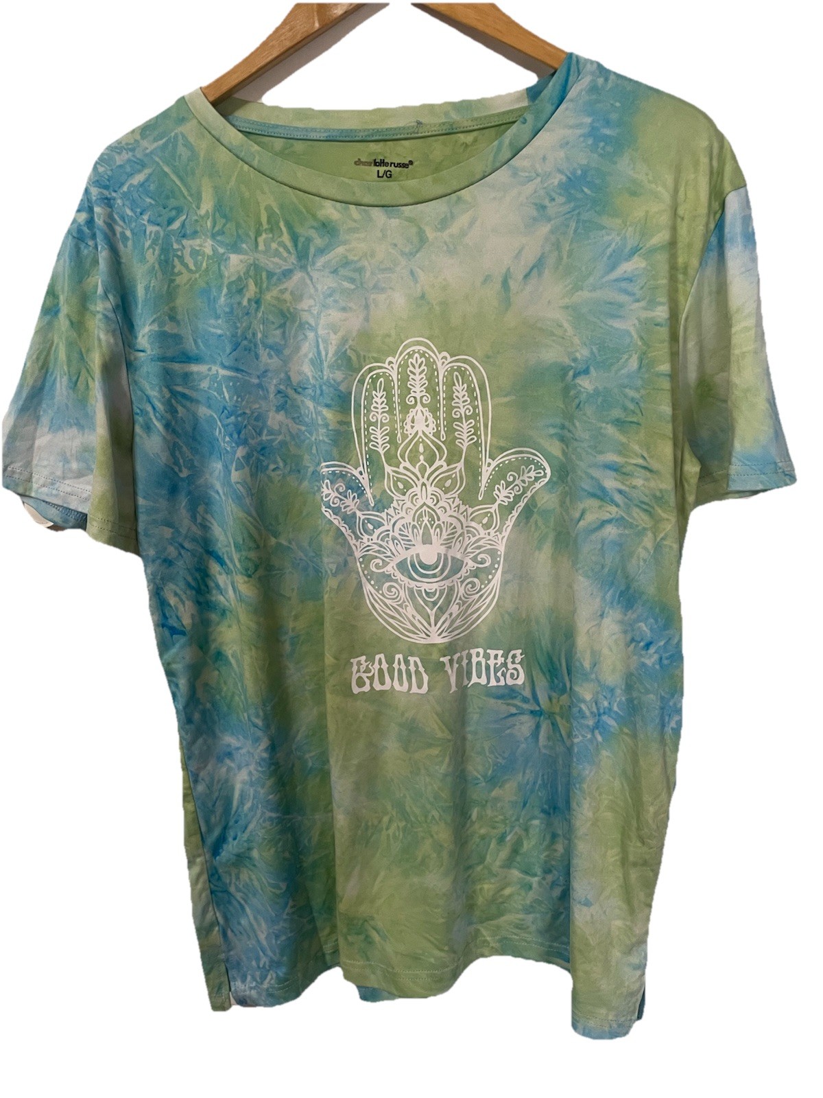 Charlotte Russe Women’s Shirt Tie Dye Good Vibes Large Green Blue