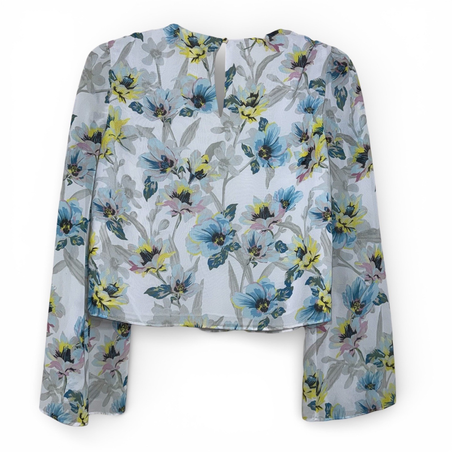 Bar III Floral V-Neck Blouse with Wide Bell Sleeves Blue Yellow Gray Medium