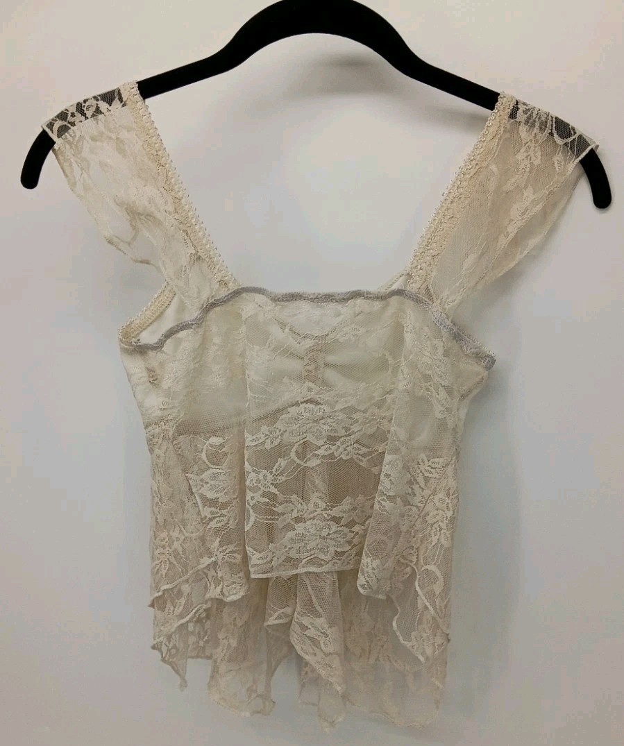 Vintage Style Cream Lace Babydoll Cami Tank Top Sheer Fairy Grunge Coquette XS