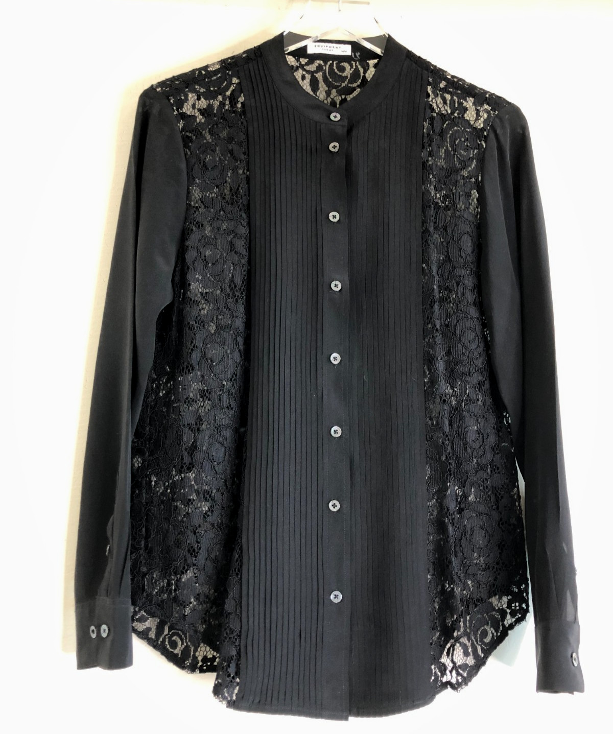 EQUIPMENT Sz Medium Black Silk Lace Tuxedo Blouse Sheer Lace Back & Front Sides