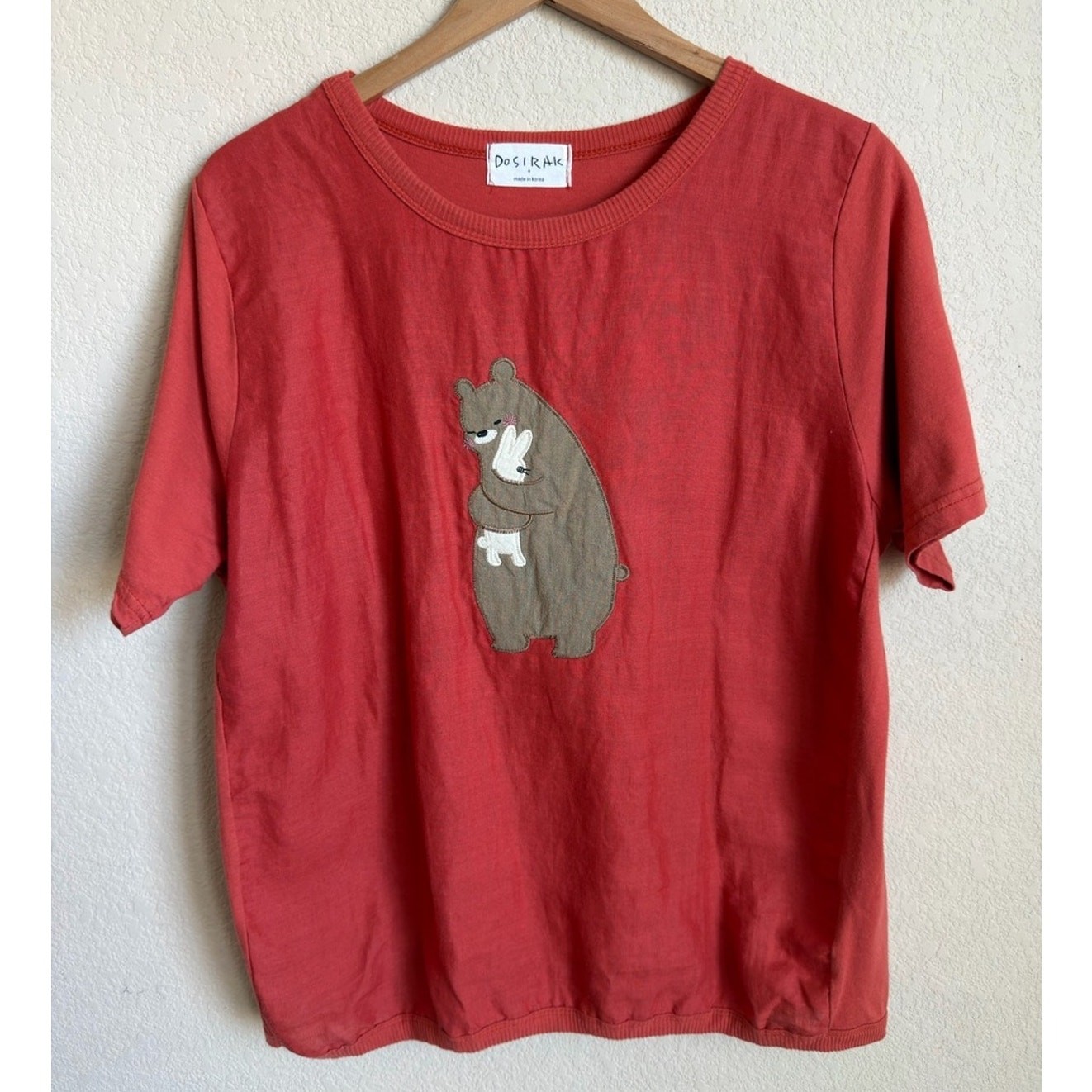 Bear Bunny Applique Tee Dosirak Brick Red Cotton Korean Cottagecore Short Sleeve