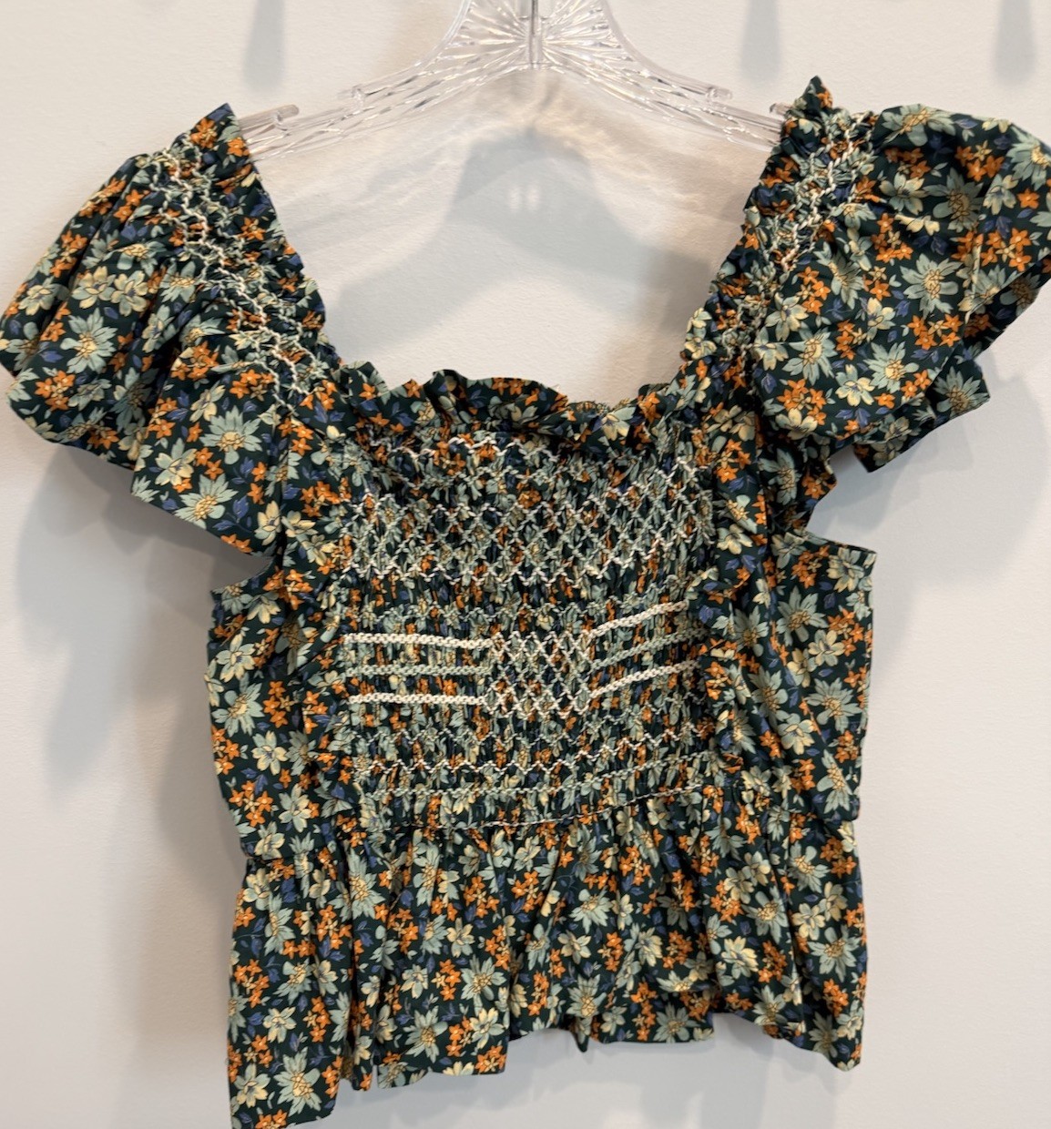 Sea New York Blouse Women’s L Green Floral Peggy Smocked Flutter Sleeve Peasant