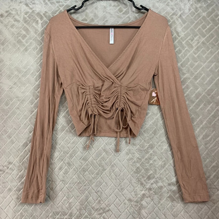 Love Charm Shirt Womens Small Tan Brown Cropped Long Sleeve Ruched Front New
