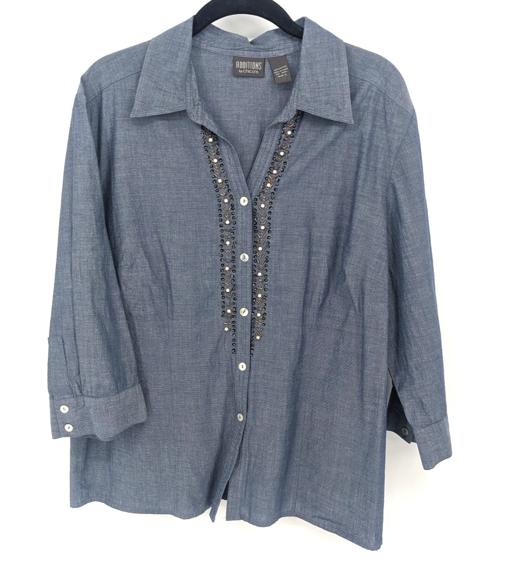 Additions by Chicos Shirt Womens XL Button Front Embellished Top Blouse Tunic