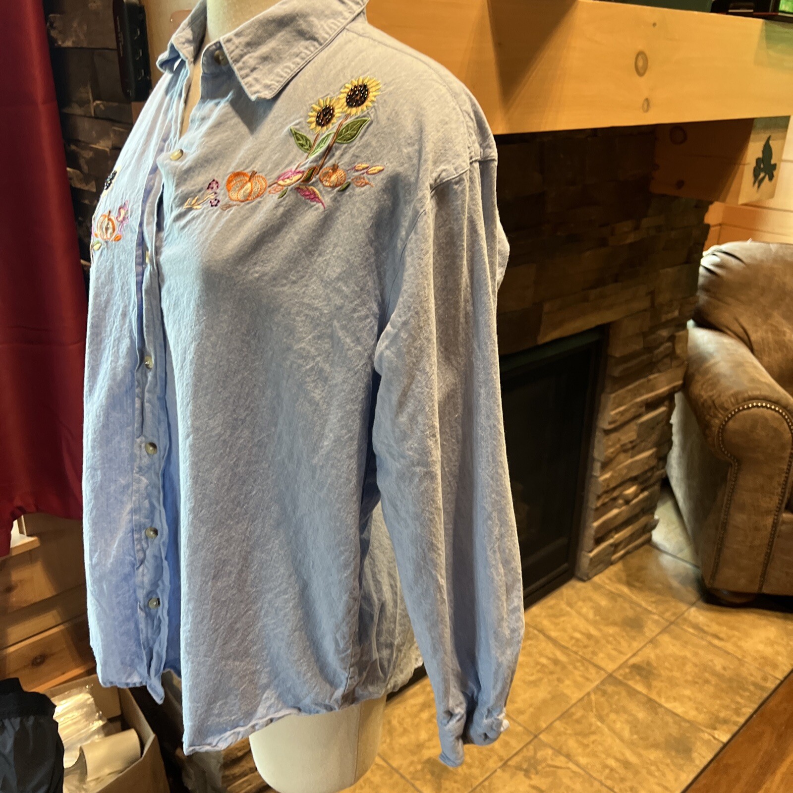 Autum Pumpkin Sunflower Chambray Shirt Xl