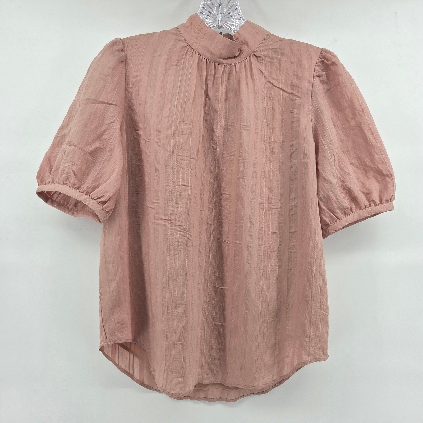 Ann Taylor Blouse XSP Pink Puff Sleeve Mock Neck Stripe NWT Eclectic Feminine
