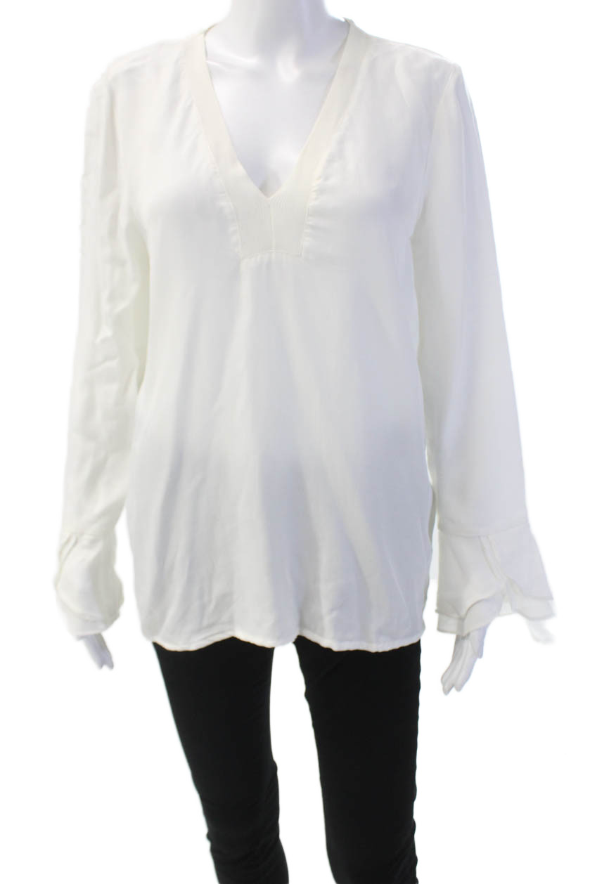 Massimo Dutti Womens Long Sleeve V Neck Knit Boxy Shirt White Size Large