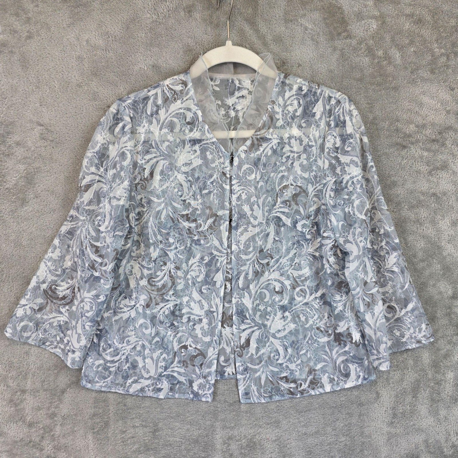 Leporte Tokyo Style Blouse Womens M Blue V Neck 3/4 Sleeve Sheer Floral Lace
