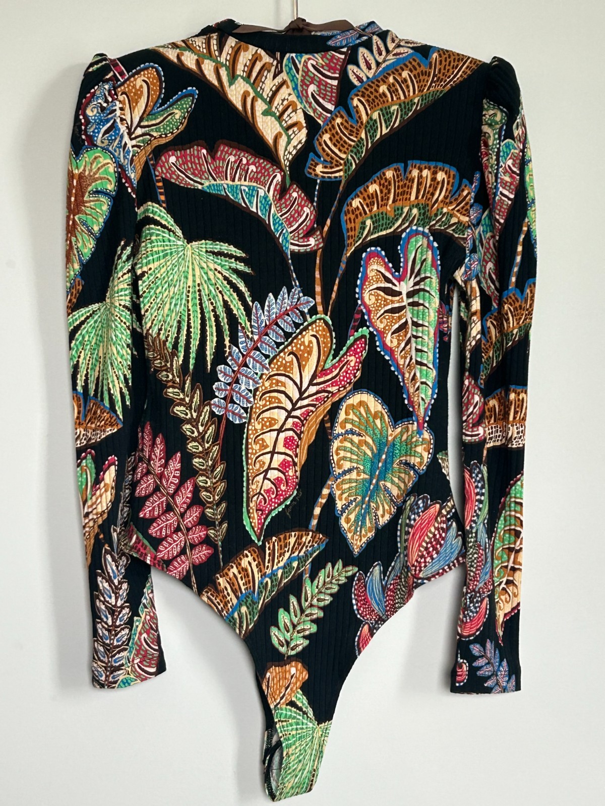 Farm Rio Cool Foliage Bodysuit M Vibrant Tropical Leaf Print Long Sleeve Top