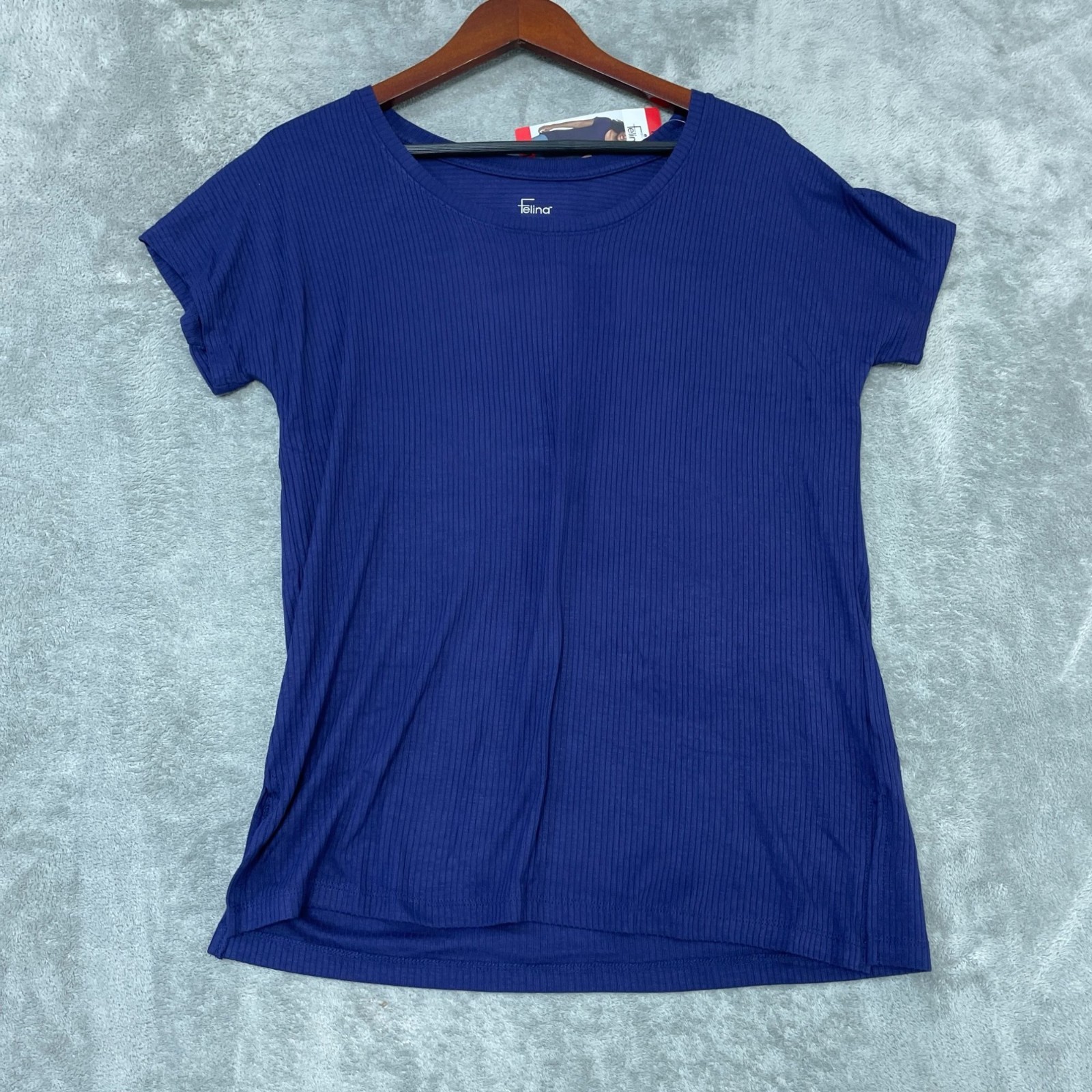 NWT Felina Women’s M Ribbed Short-Sleeve Top Blue Rayon Blend C0736