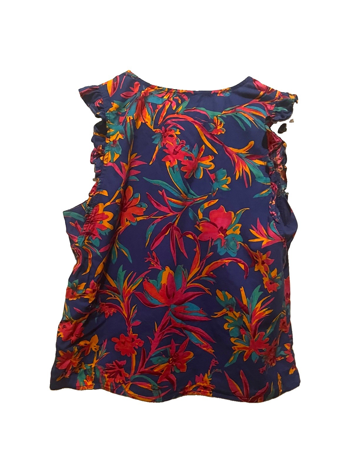 J.Crew Blouse Top Size Medium Blue Pink Floral Ruffle Sleeve 100% Cotton V Neck