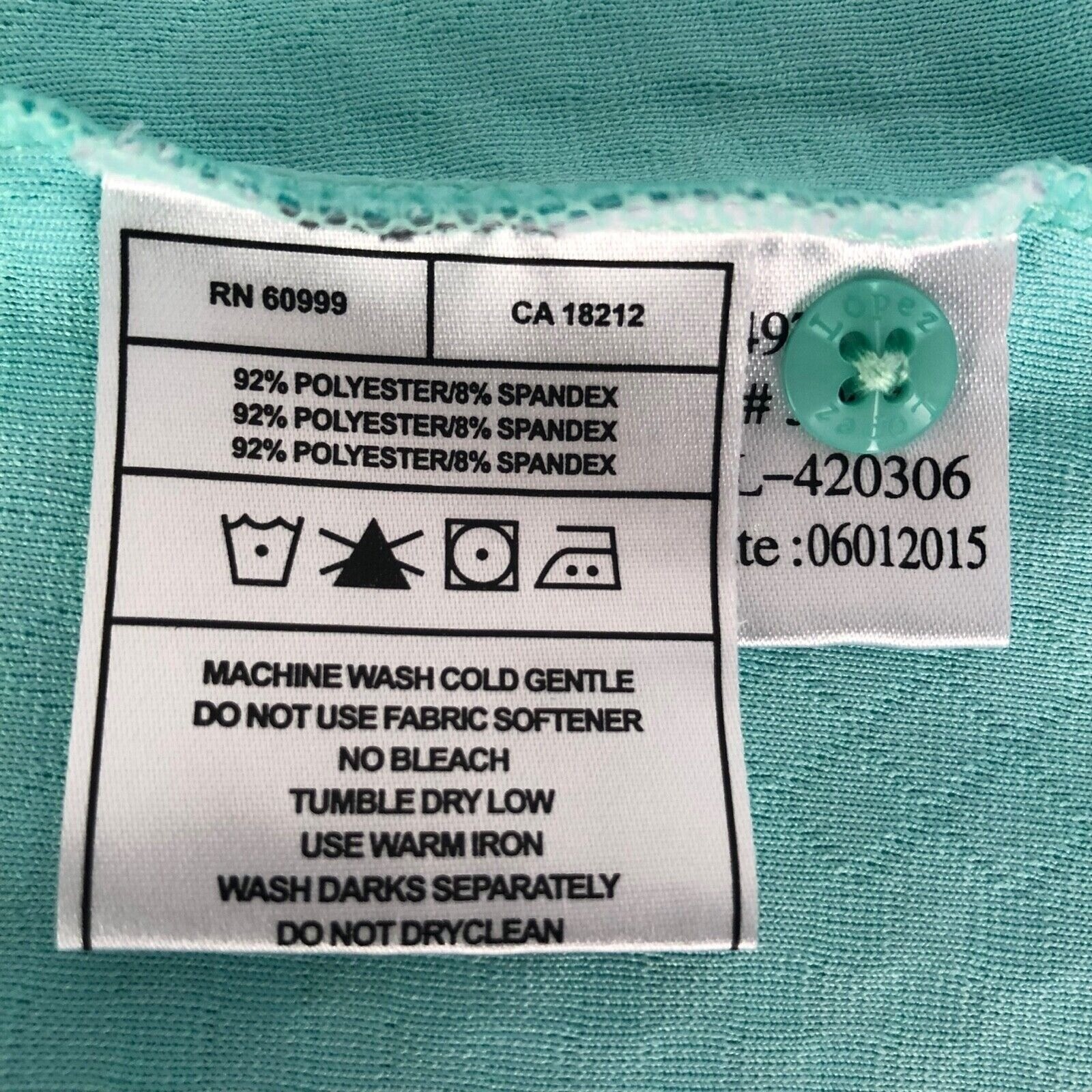 Lopez Top Women Size L Sea Green DeLux Dri 5 Buttons Below Collar 3/4 Sleeves