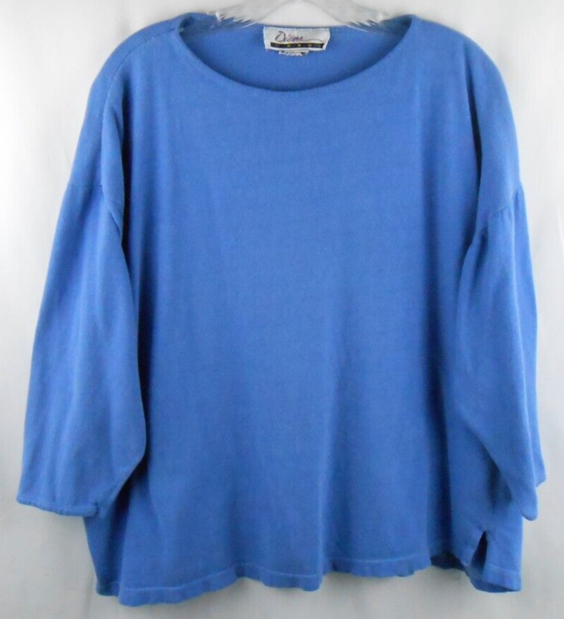 Diana Marco Womens 20W Heavyweight Cotton Blue Round Neck 3/4 Sleeve Shirt Top