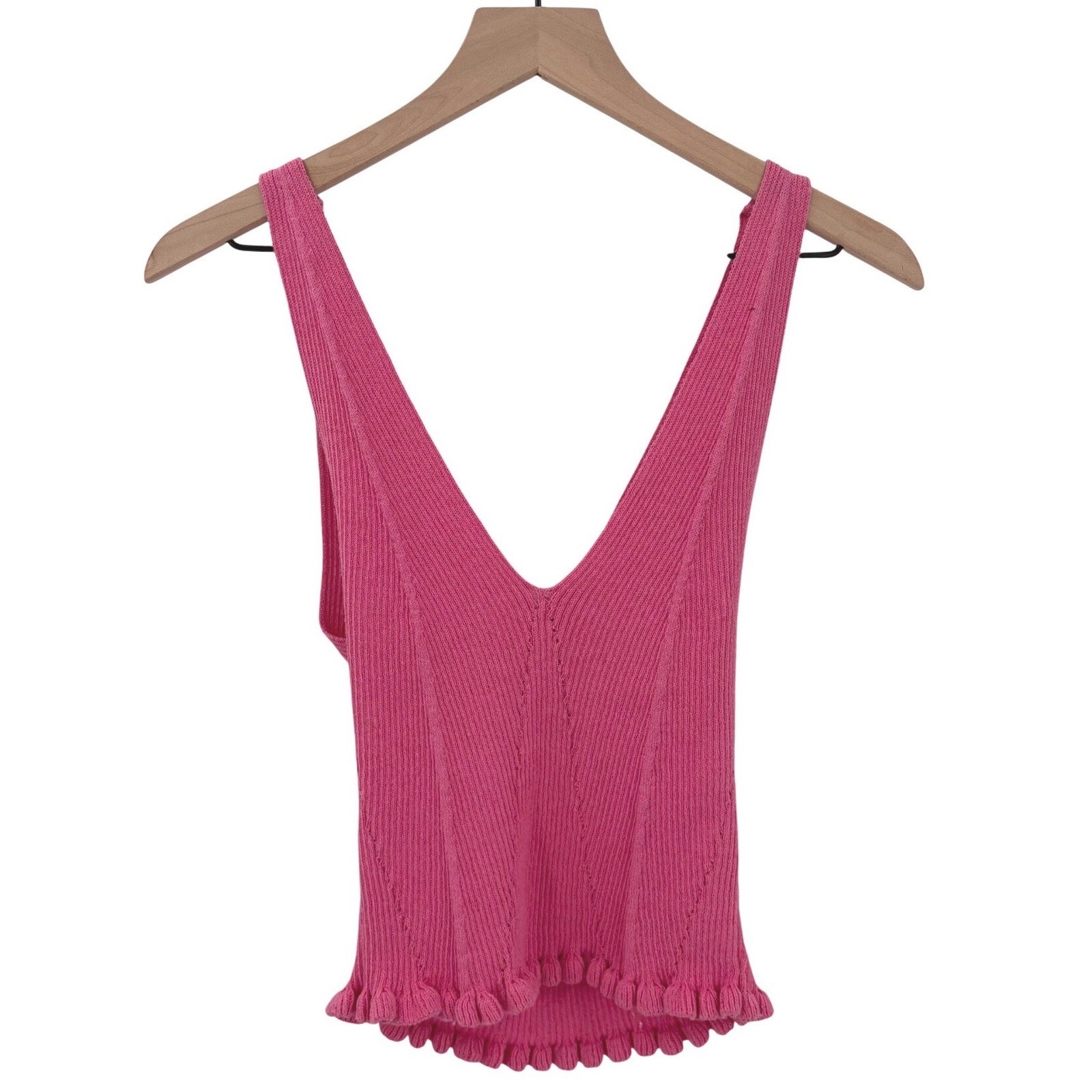 Zara Womens Pink Ribbed Knit V-Neck Tank Top Bobble Hem Sleeveless Large