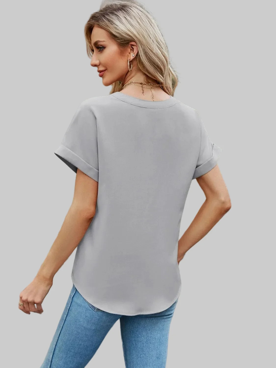 Women Notched Neck Cuffed Sleeve Shirt