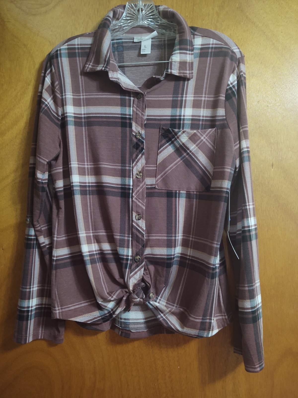 Just Be Brand Blouse Brown White Black Plaid Pattern with Relaxed Fit Size L