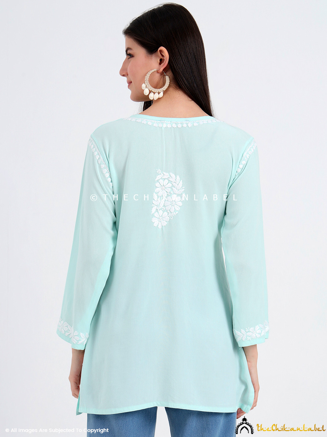 Sea Green Hand Embroidered Chikankari Short Kurta Lucknowi Chikan Short Top
