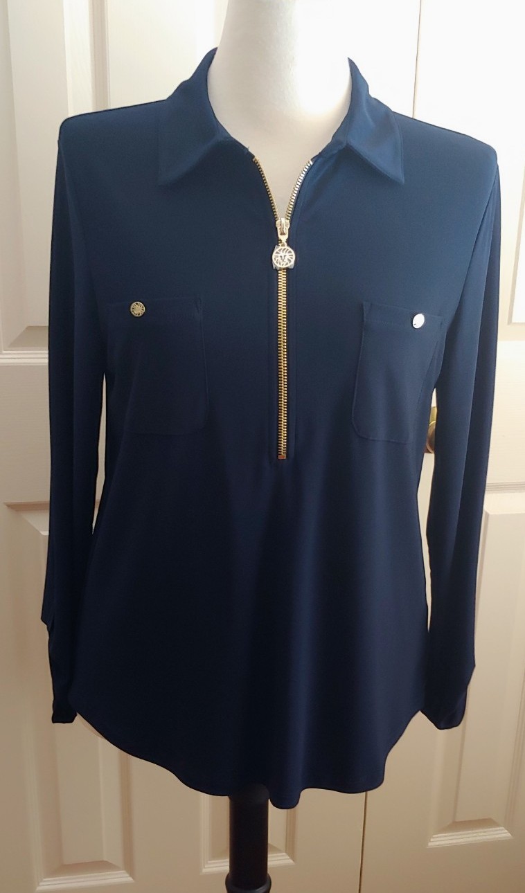 ANNE KLEIN Navy Career Blouse Gold Zipper Logo, Tab Sleeves Pocket Accents Sz L
