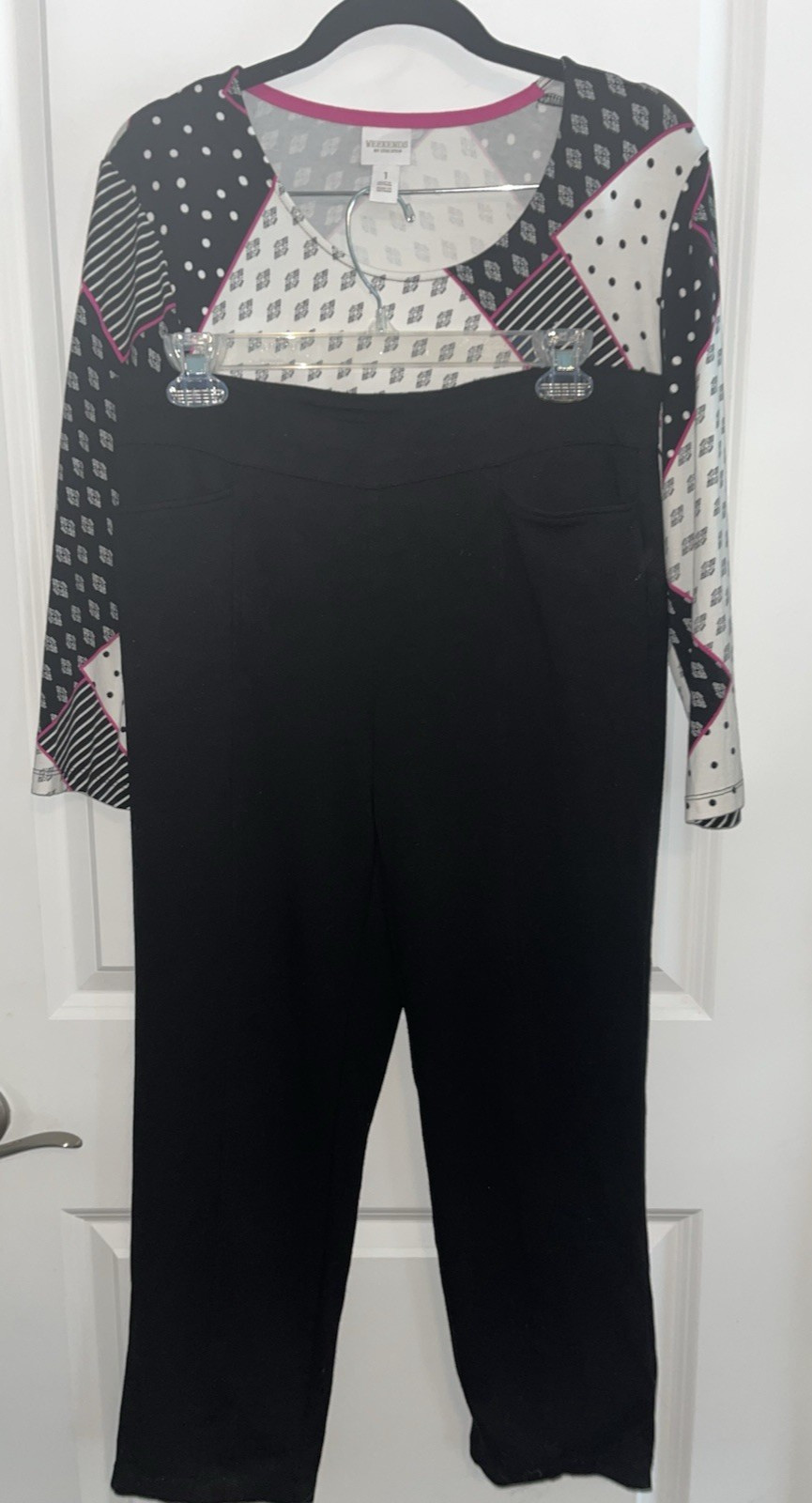 Chico’s Womens M 1 2 Piece Set Pull Up Pants Top Back White Comfort Casual