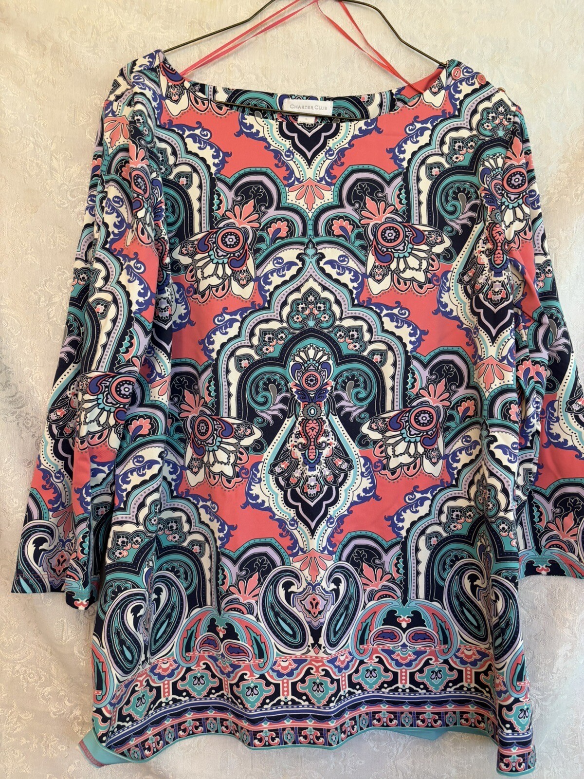 Charter Club Women’s Large Stretch Tunic Top Pink Purple Green Design