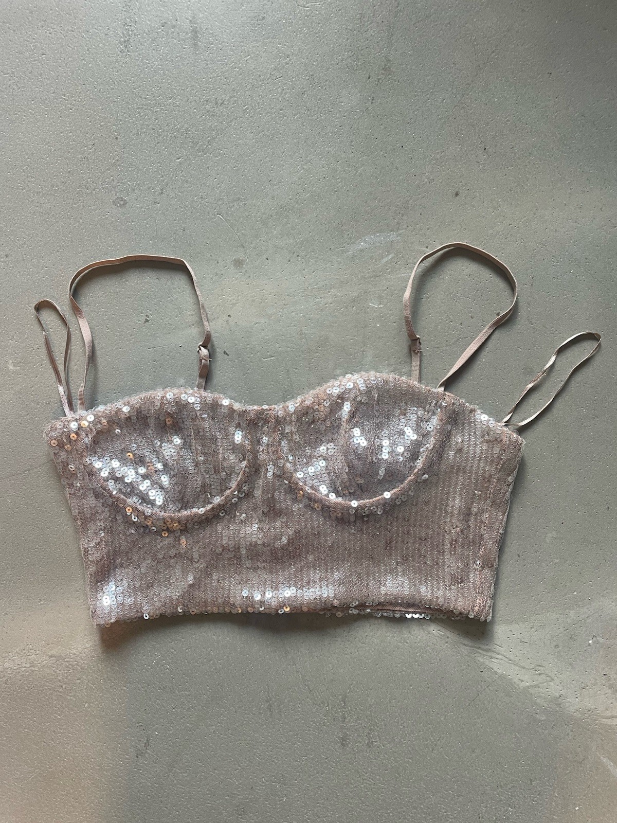 Zara Crop Top Small Pink Taupe Sequin Bustier Spaghetti Strap Underwire NWT