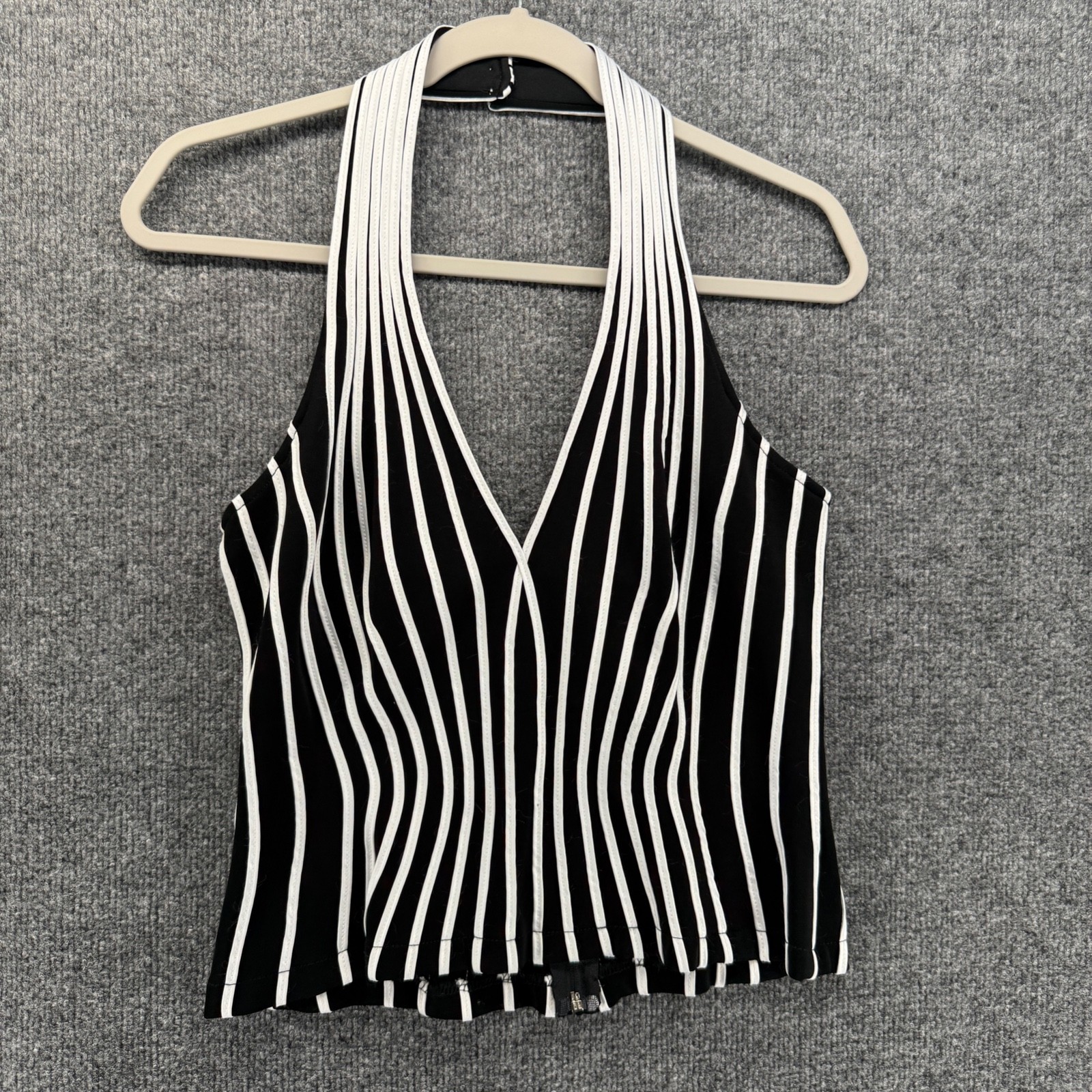 Tadashi Top Womens L Black White Striped Halter Sleeveless Formal Event Cocktail