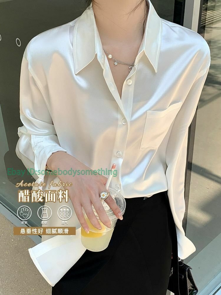 Pocket White Shirts for Women Loose Satin Silk Autumn Long Sleeves Blouse Blusas