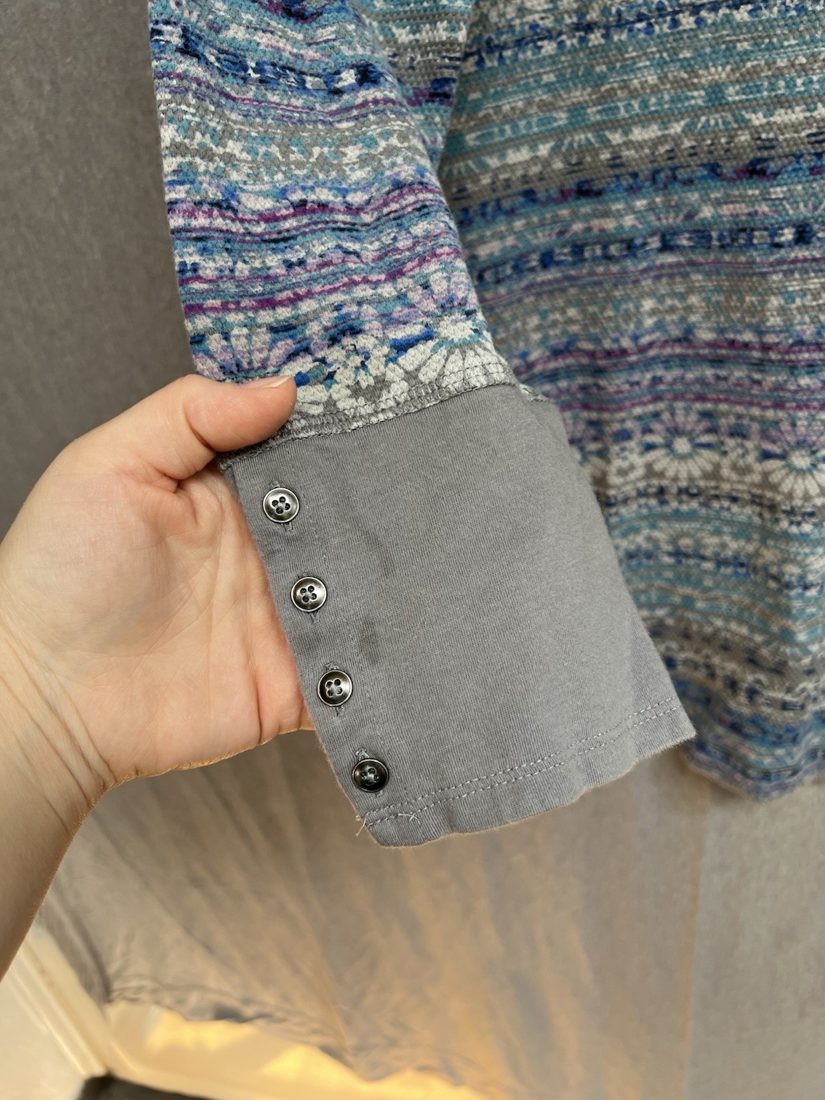 J Jill Thermal Tunic Top Gray Purple Blue Long Sleeve Shirt Pockets – Size M