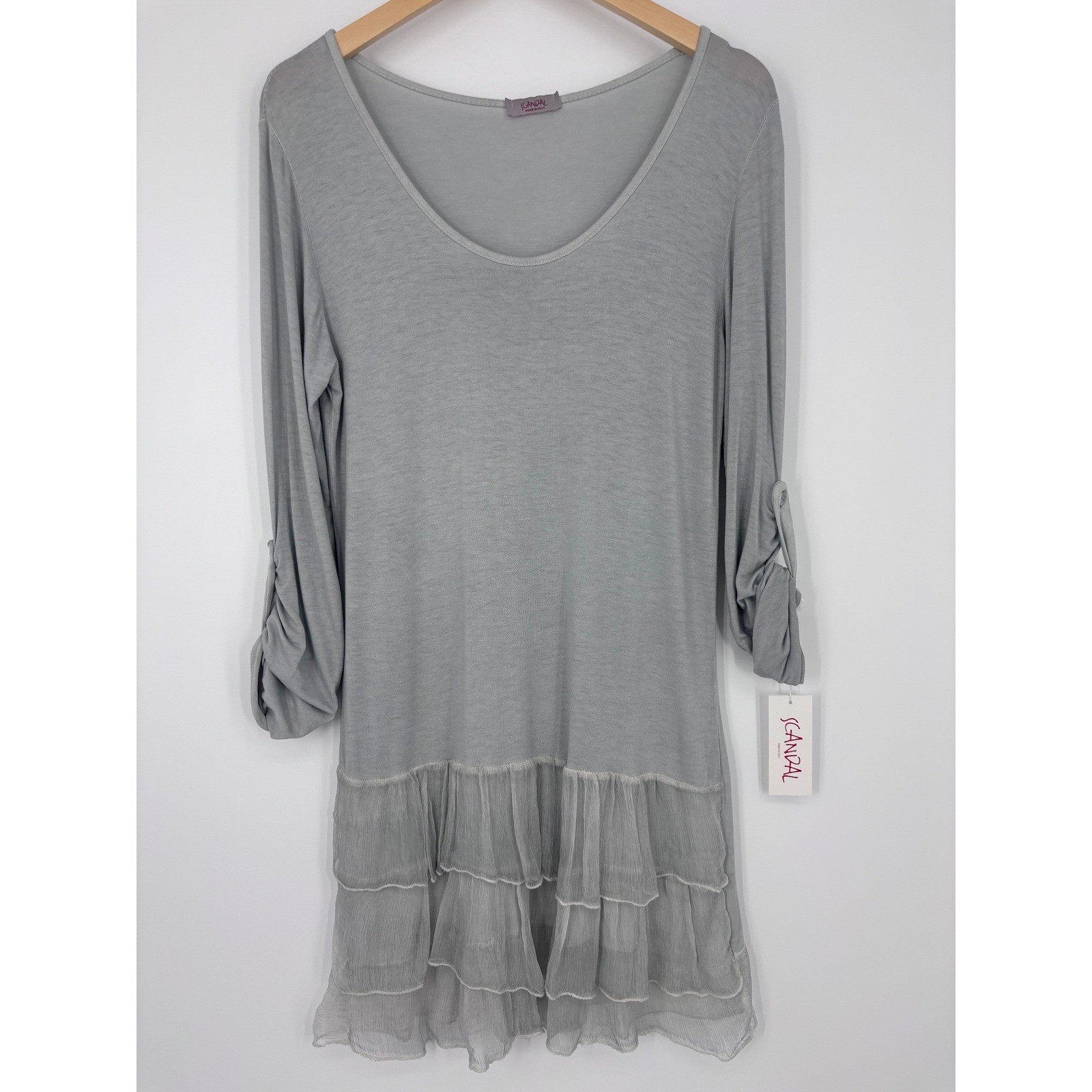 Scandal Tunic Top Womens S (Measured) Gray Ruffle Tiered Lace Italy Lagenlook