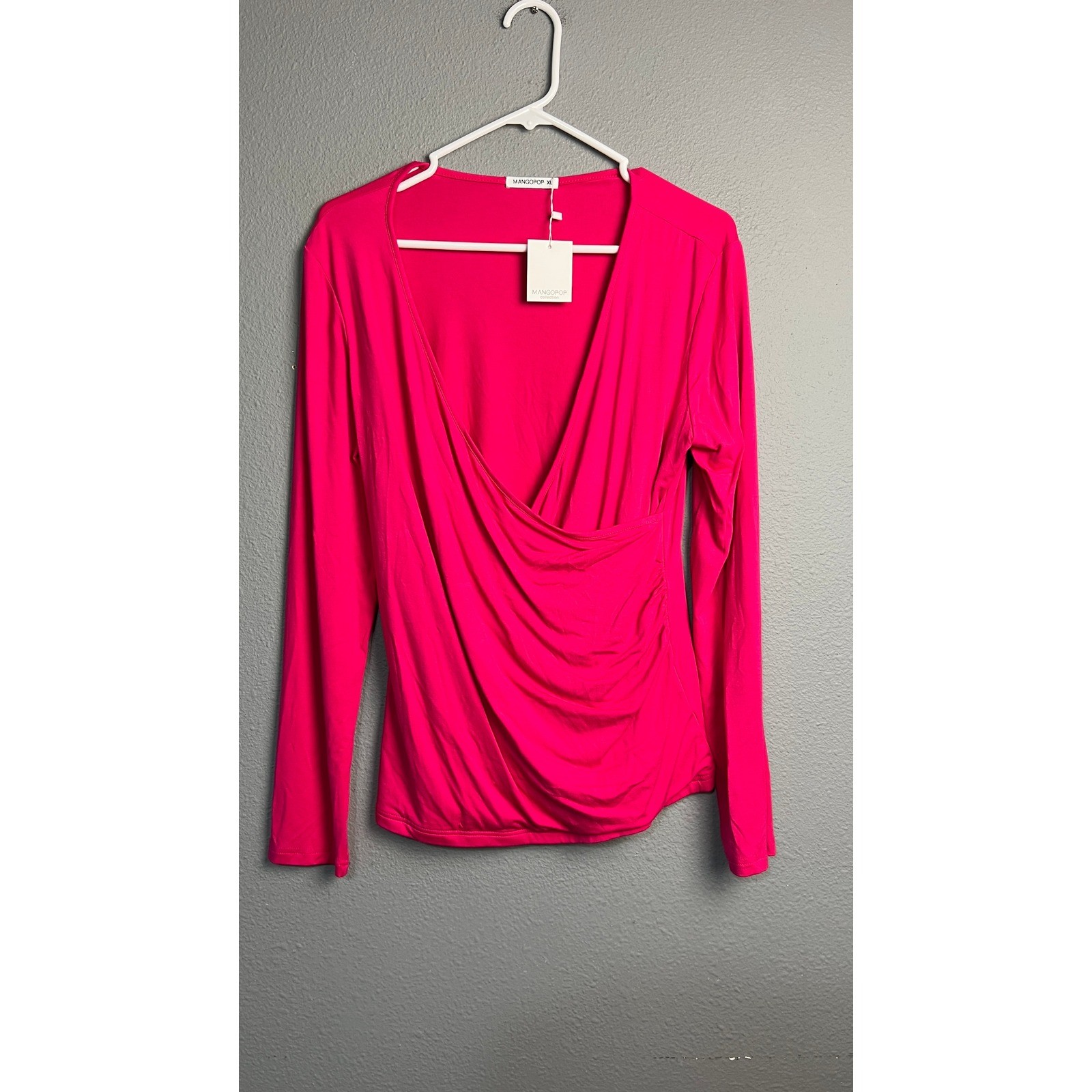 MANGOPOP Womens XL Hot Pink Long Sleeve Ruched V-Neck Surplice Wrap Top NEW