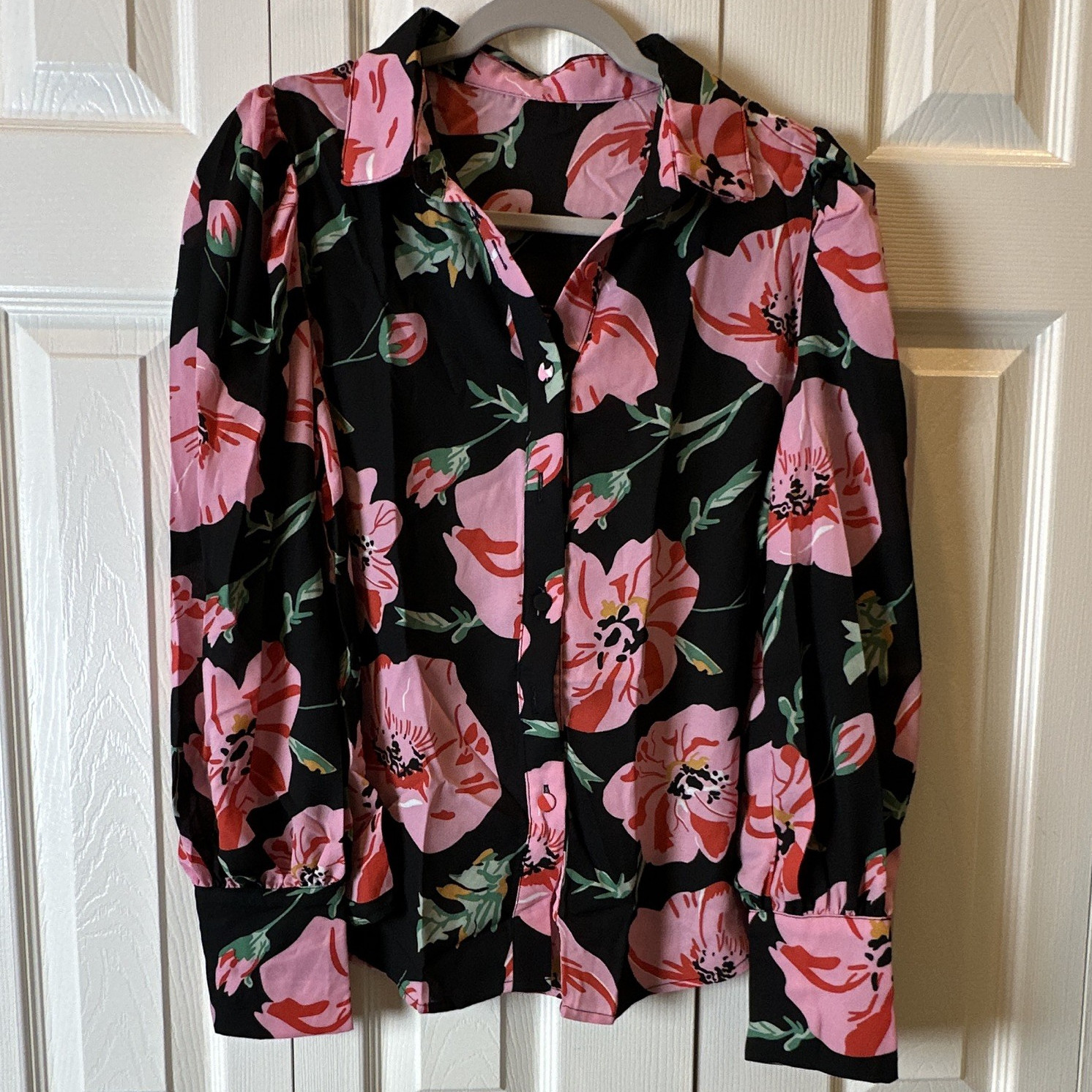 Womens Business Floral Collared Long Sleeve Button-Up Woven Polyester Blouse S