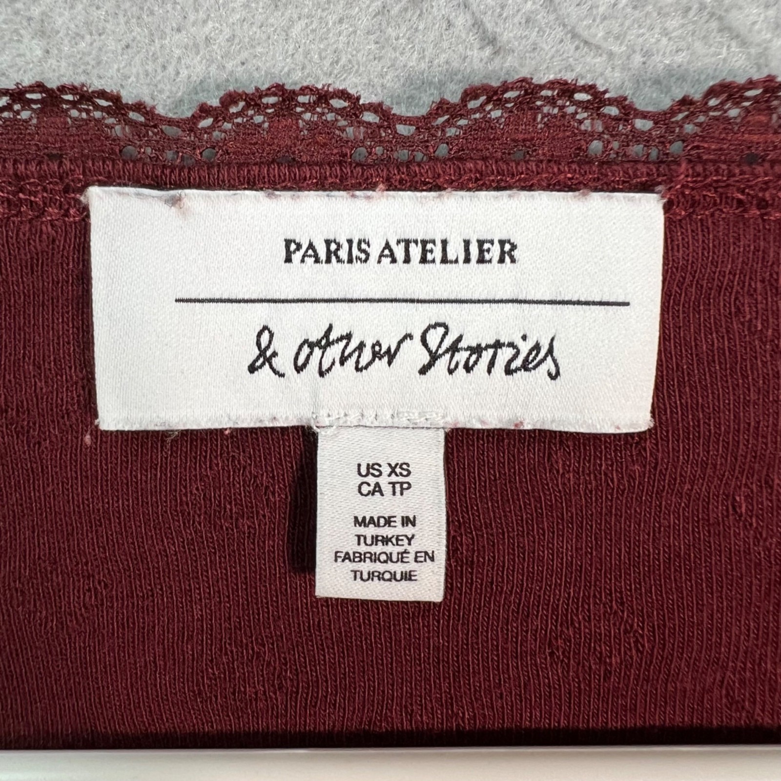 Paris Atelier & Other Stories XS Maroon Lace Trim Scoop Neck T-Shirt 100% Cotton