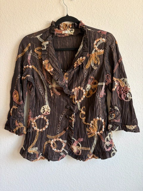 AGORA Vintage Crinkle Ruffle Blouse Ribbon Embroidered Sz Small Whimsigoth Artsy