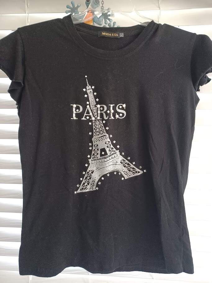 Moda USA – Paris Eifel Tower Black Embleiised Rhinestone Pearl Women T-Shirt XL