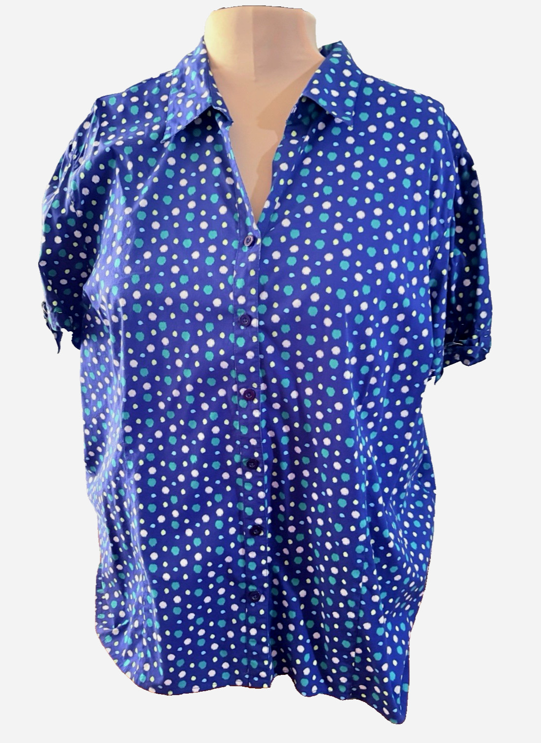 Liz & Me Womens Blue Dots Button Up Top Size 3-4X Lightweight Adjustable Sleeve