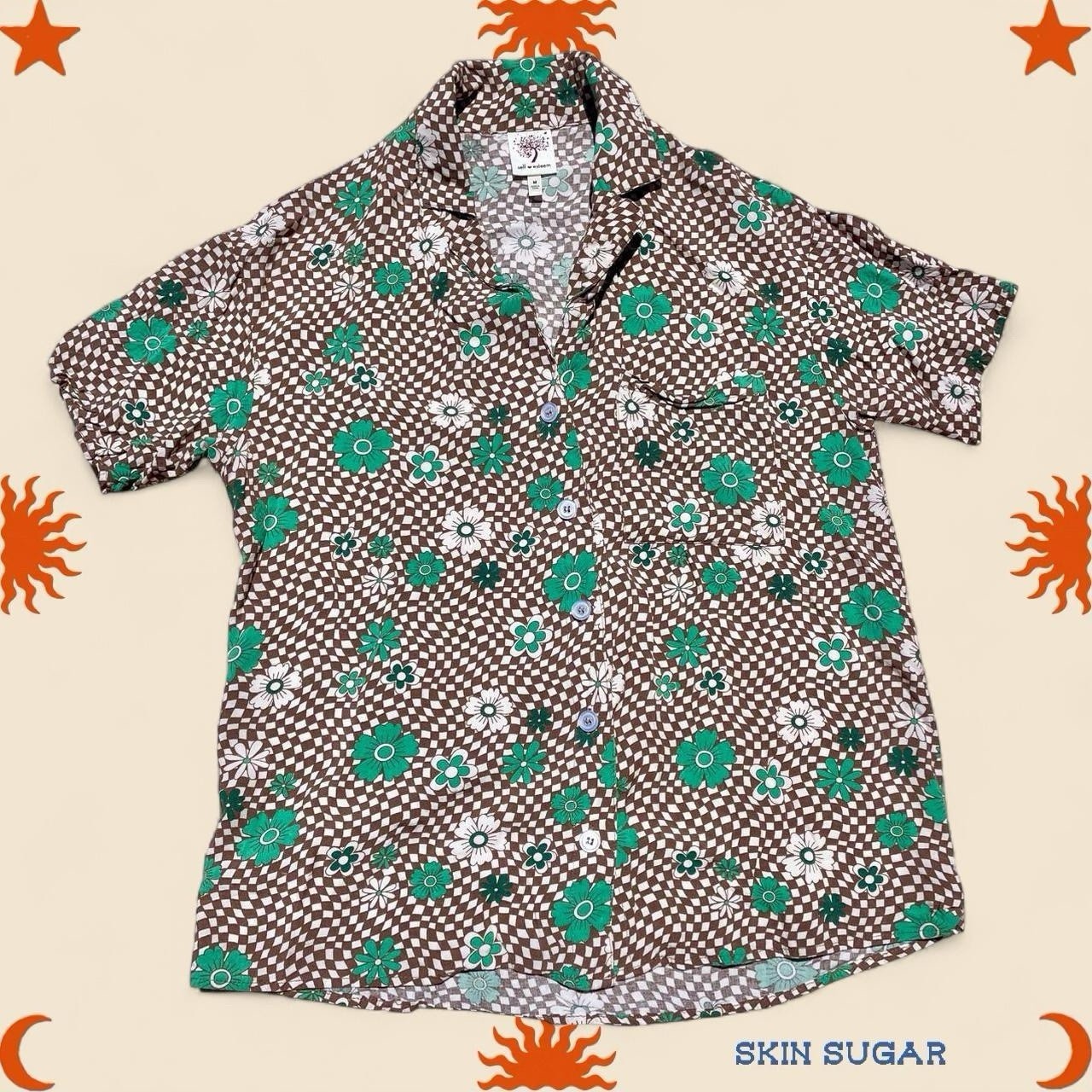 Self Esteem Y2K Brown White Checker 90s Flower Patterned Button Up Shirt Skater