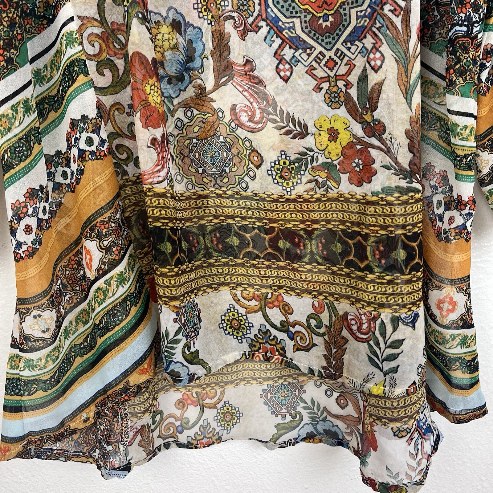 Fig and Flower Women’s Semi Sheer Multicolor Floral Blouse Peasant Size Large