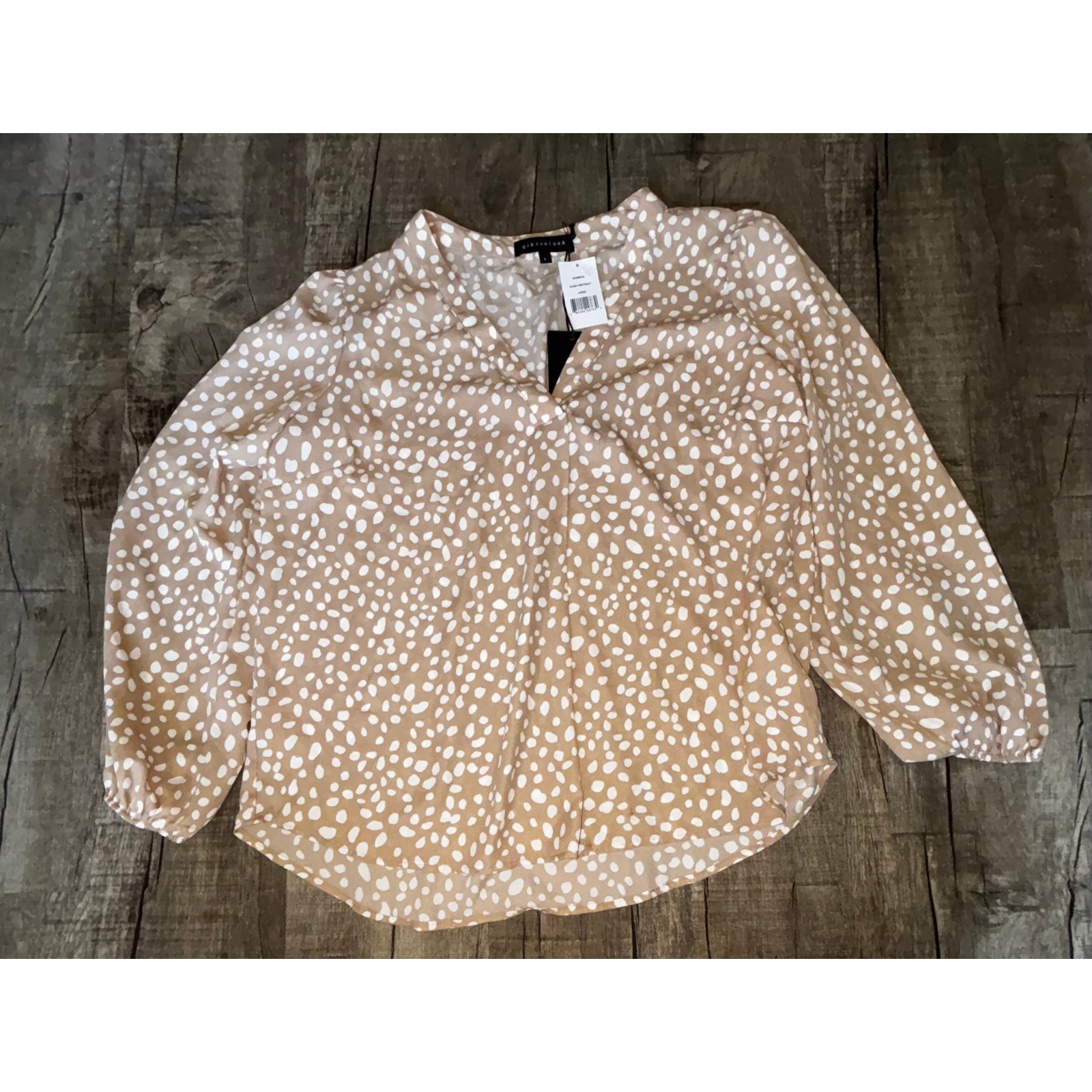 Gibsonlook Khaki Abstract V-Neck Blouse Tan White Spotted Long Sleeve Top Large