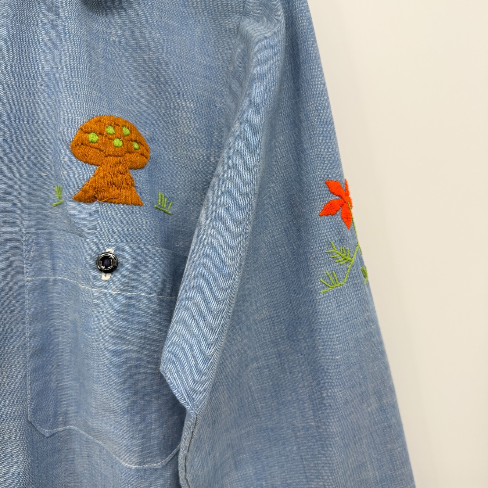 Vintage 70s Hand Embroidered Top Shirt S M Chambray Bird Butterfly Palm Tree USA