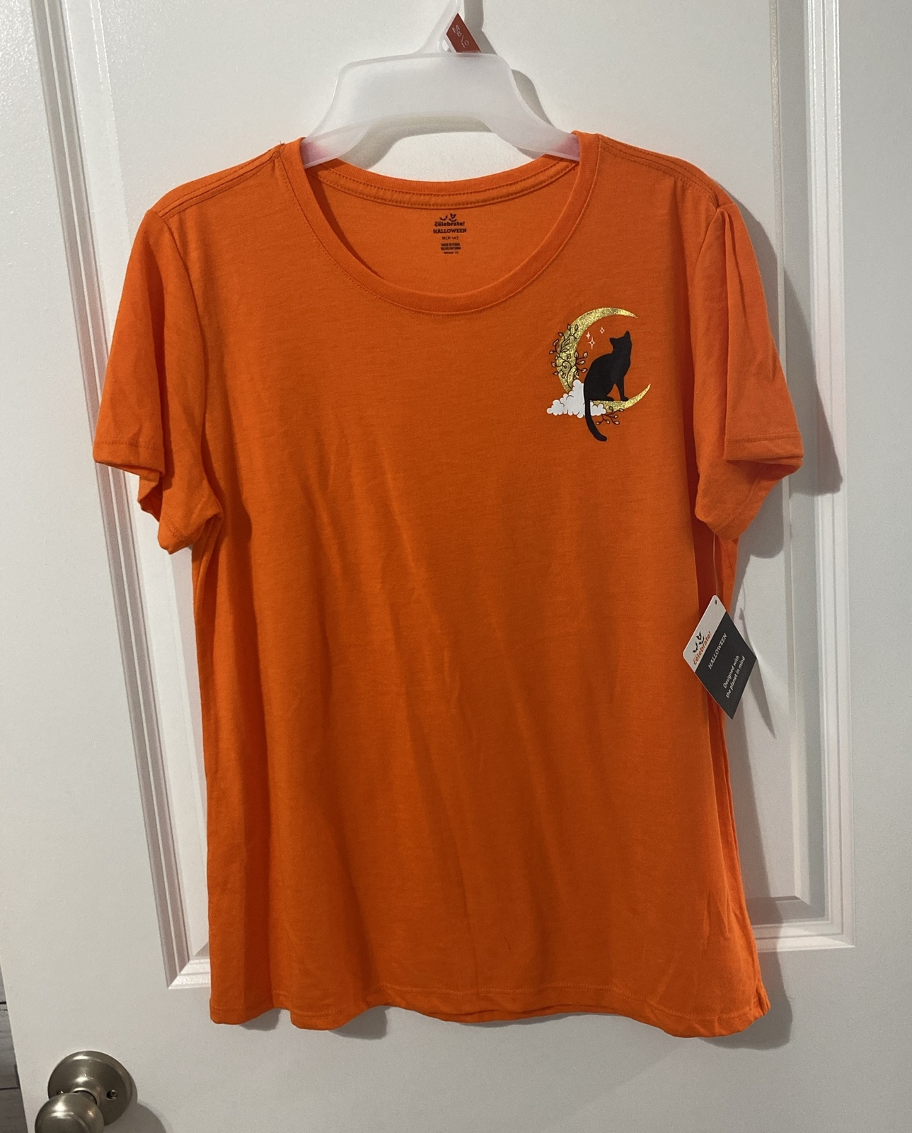 Way To Celebrate Women’s Halloween Meow Cat On A Moon Orange Shirt Medium 8-10