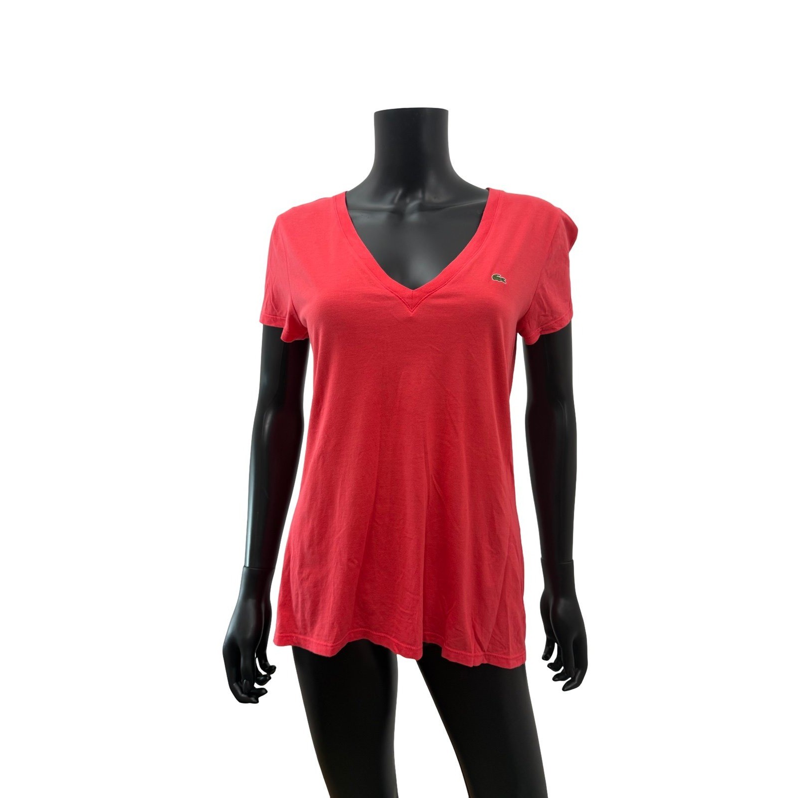 Lacoste Women’s Red V-Neck T-Shirt Size 40 Logo Cotton Short Sleeve Tee
